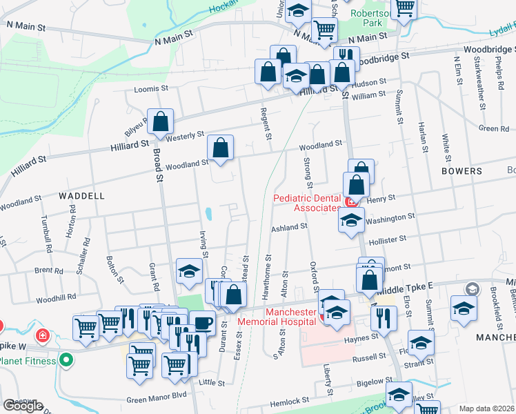 map of restaurants, bars, coffee shops, grocery stores, and more near 124 Hawthorne Street in Manchester