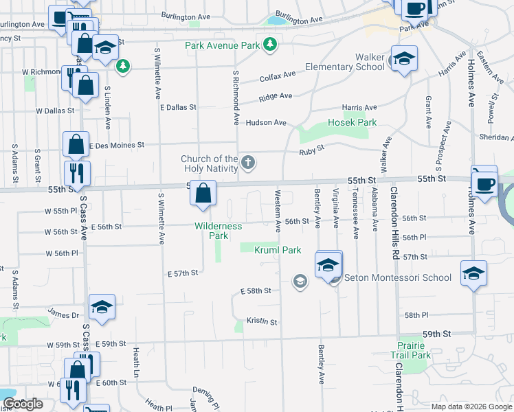 map of restaurants, bars, coffee shops, grocery stores, and more near 433 Hill Court in Clarendon Hills