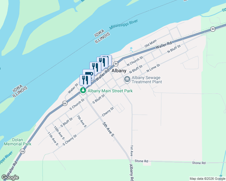 map of restaurants, bars, coffee shops, grocery stores, and more near 105 South Bluff Street in Albany