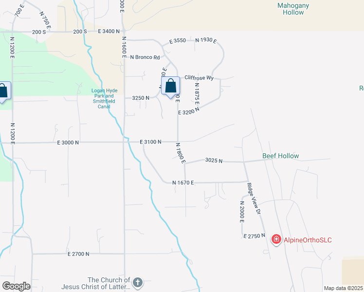 map of restaurants, bars, coffee shops, grocery stores, and more near 3082 North 1800 East in North Logan