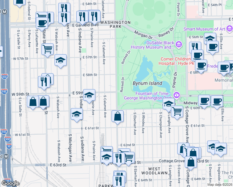 map of restaurants, bars, coffee shops, grocery stores, and more near 5900 South King Drive in Chicago