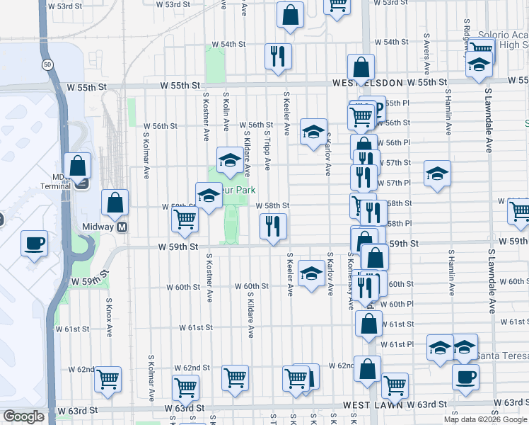 map of restaurants, bars, coffee shops, grocery stores, and more near 5823 South Tripp Avenue in Chicago