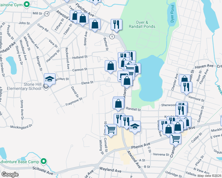 map of restaurants, bars, coffee shops, grocery stores, and more near 100 Elena Street in Cranston