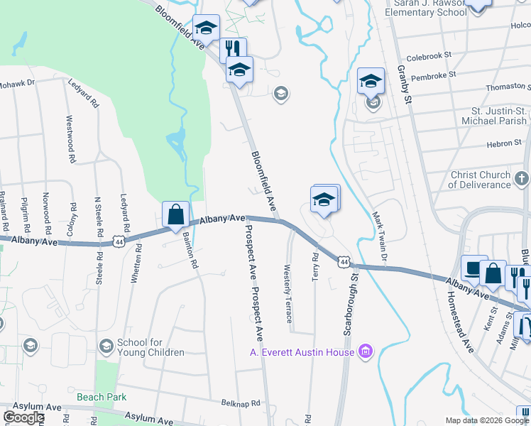 map of restaurants, bars, coffee shops, grocery stores, and more near 1789 Albany Avenue in Hartford
