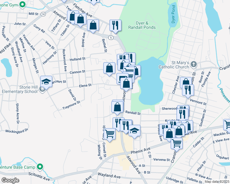 map of restaurants, bars, coffee shops, grocery stores, and more near 100 Elena Street in Cranston