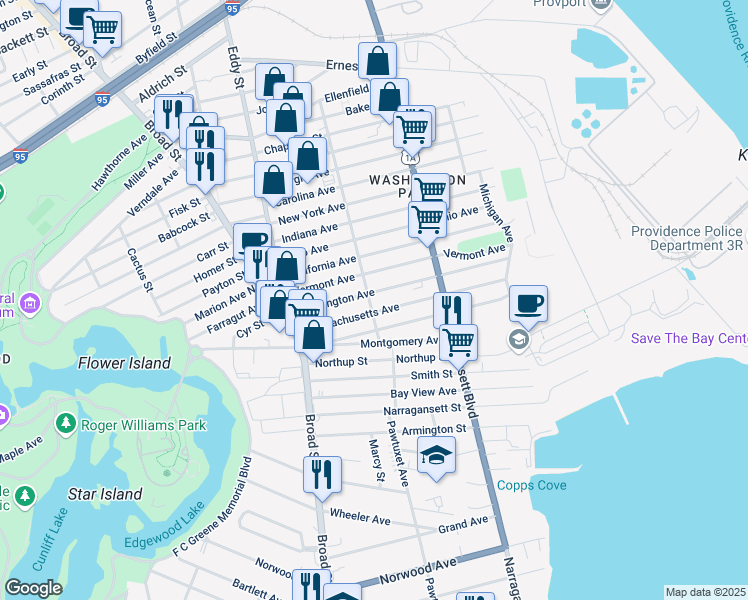 map of restaurants, bars, coffee shops, grocery stores, and more near 222 Washington Avenue in Providence
