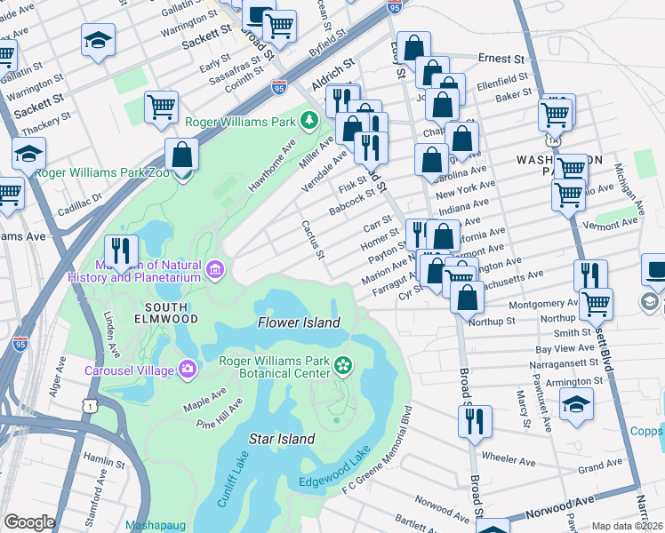 map of restaurants, bars, coffee shops, grocery stores, and more near 86 Cactus Street in Providence