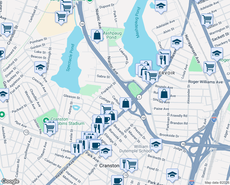 map of restaurants, bars, coffee shops, grocery stores, and more near 54 Pleasant Street in Cranston