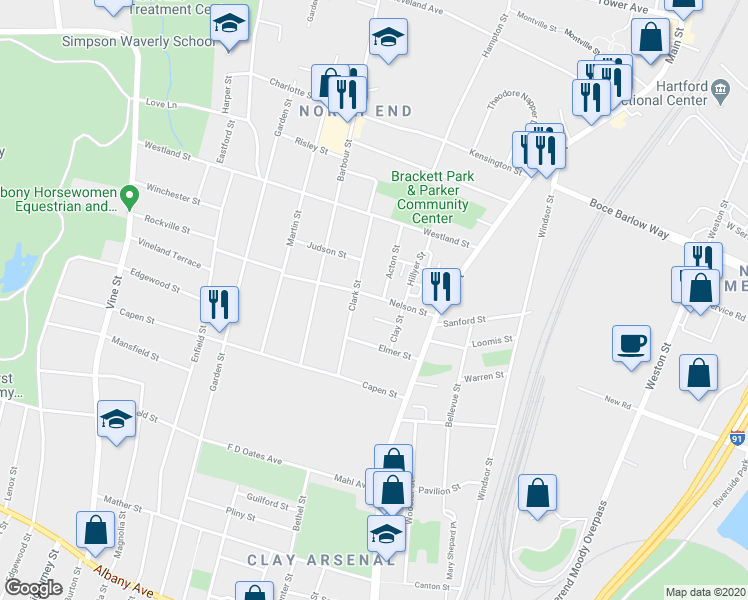 map of restaurants, bars, coffee shops, grocery stores, and more near 9 West Clay Street in Hartford