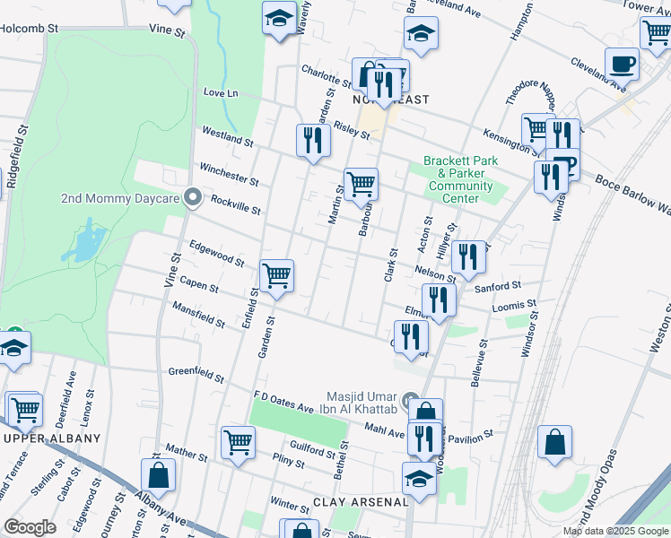 map of restaurants, bars, coffee shops, grocery stores, and more near 57 Barbour Street in Hartford