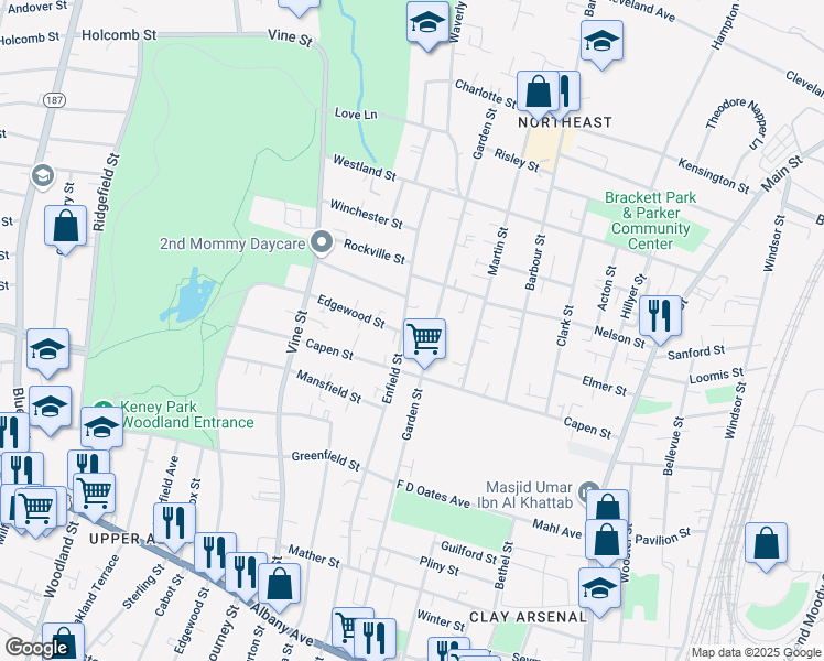 map of restaurants, bars, coffee shops, grocery stores, and more near in Hartford