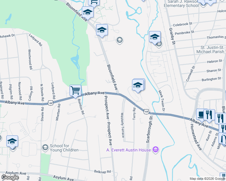map of restaurants, bars, coffee shops, grocery stores, and more near 1789 Albany Avenue in Hartford