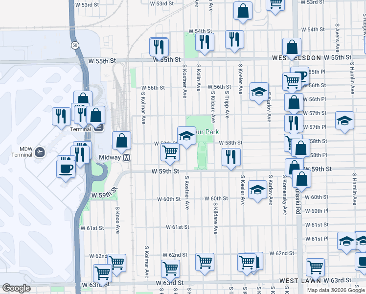 map of restaurants, bars, coffee shops, grocery stores, and more near 5823 South Kenneth Avenue in Chicago