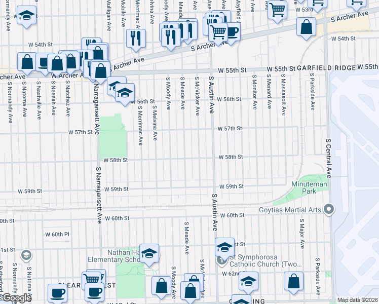 map of restaurants, bars, coffee shops, grocery stores, and more near 5759 South Meade Avenue in Chicago