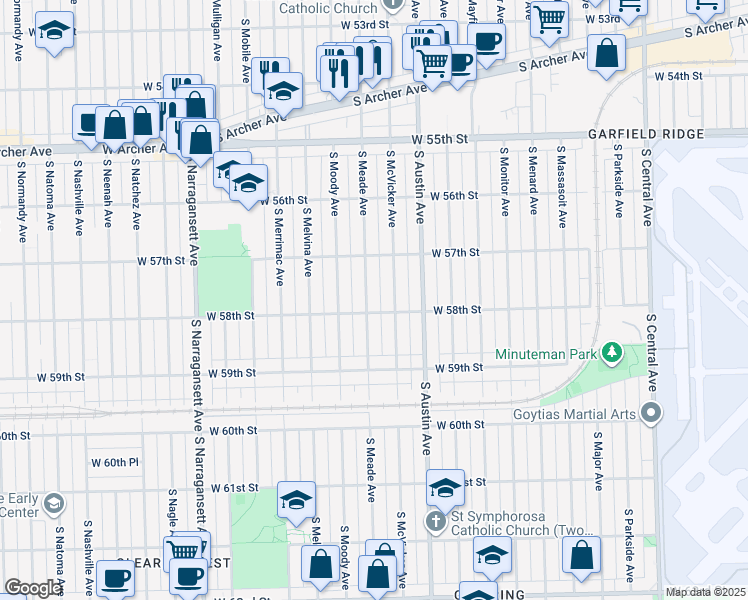 map of restaurants, bars, coffee shops, grocery stores, and more near 5759 South Meade Avenue in Chicago