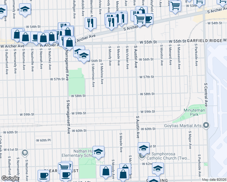 map of restaurants, bars, coffee shops, grocery stores, and more near 5759 South Moody Avenue in Chicago