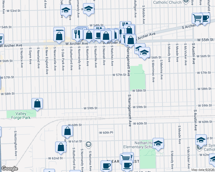 map of restaurants, bars, coffee shops, grocery stores, and more near 5754 South Natchez Avenue in Chicago