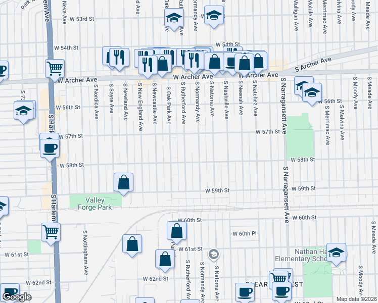 map of restaurants, bars, coffee shops, grocery stores, and more near 5754 South Rutherford Avenue in Chicago