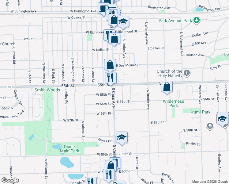 map of restaurants, bars, coffee shops, grocery stores, and more near 425 South Cass Avenue in Westmont