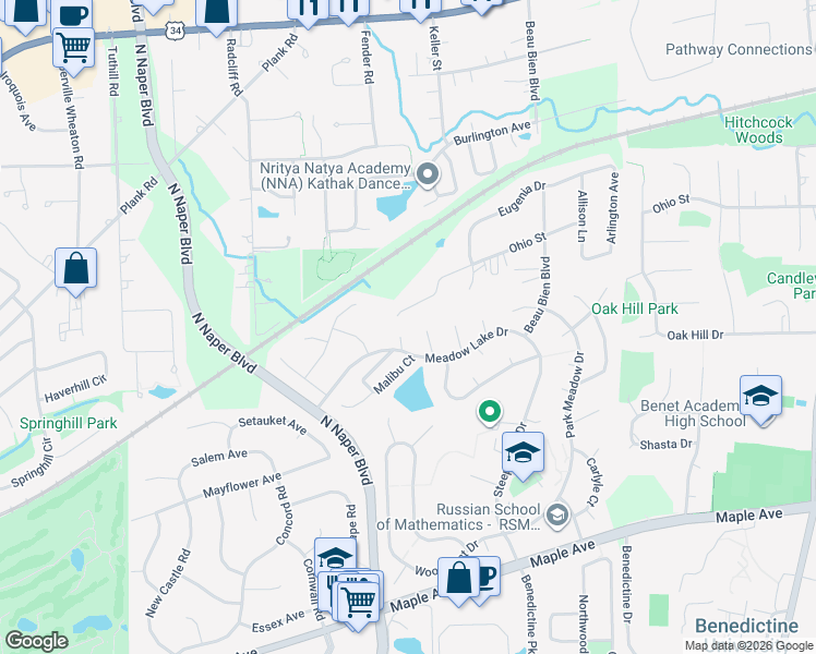 map of restaurants, bars, coffee shops, grocery stores, and more near 5S681 Heather Court in Naperville