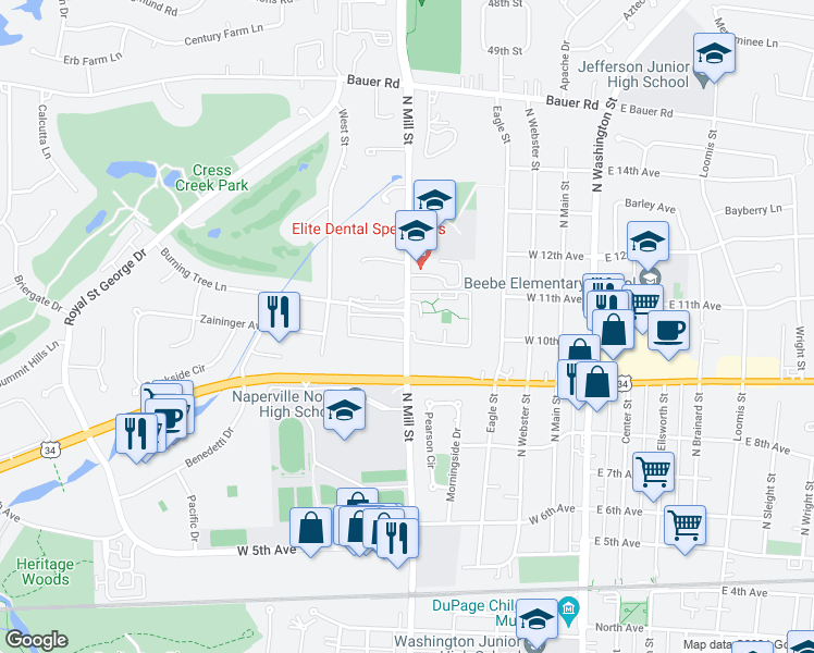 map of restaurants, bars, coffee shops, grocery stores, and more near 7P11 North Mill Street in Naperville