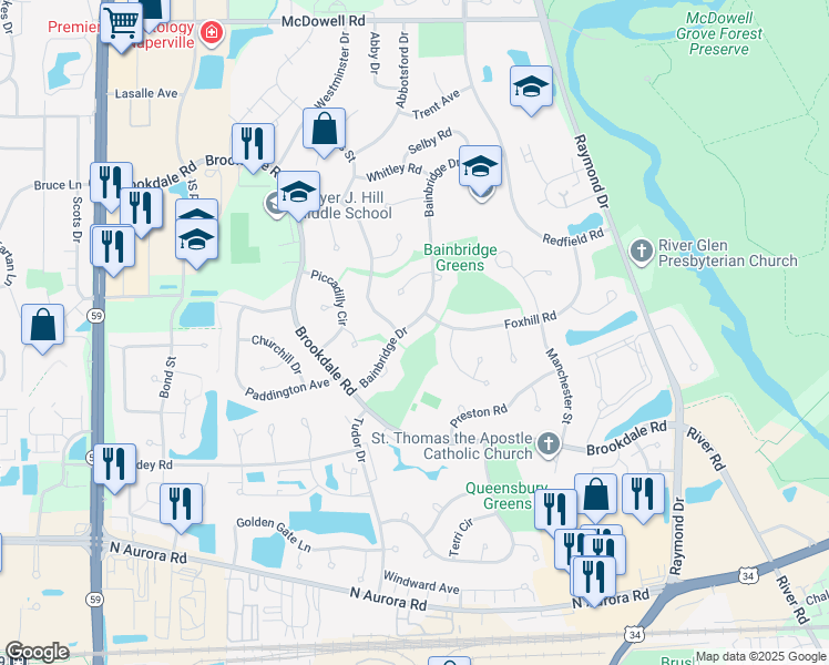 map of restaurants, bars, coffee shops, grocery stores, and more near 936 Bainbridge Drive in Naperville
