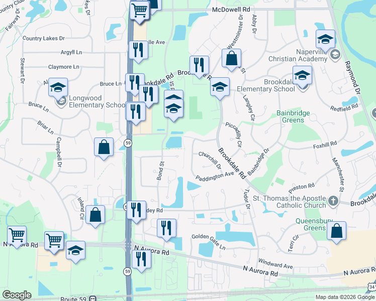 map of restaurants, bars, coffee shops, grocery stores, and more near 1861 Paddington Avenue in Naperville