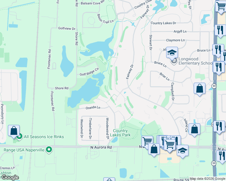 map of restaurants, bars, coffee shops, grocery stores, and more near 1403 Bayou Path Drive in Naperville