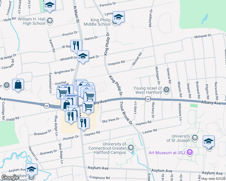 map of restaurants, bars, coffee shops, grocery stores, and more near 2410 Albany Avenue in West Hartford