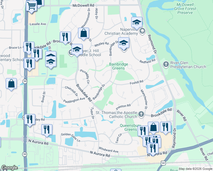 map of restaurants, bars, coffee shops, grocery stores, and more near 1012 Bainbridge Drive in Naperville