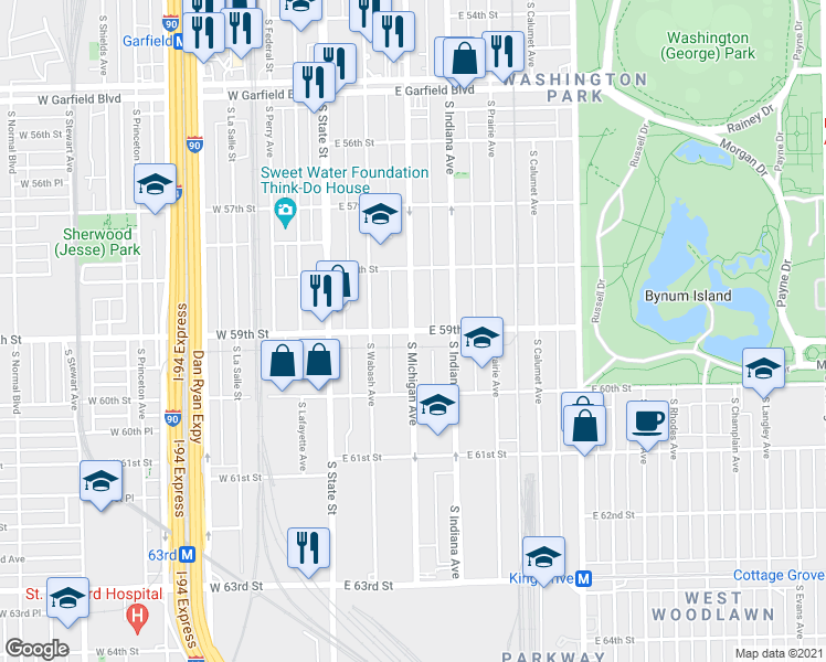 map of restaurants, bars, coffee shops, grocery stores, and more near S Michigan Ave & E 59th St in Chicago
