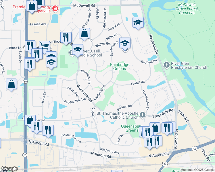 map of restaurants, bars, coffee shops, grocery stores, and more near 936 Bainbridge Drive in Naperville