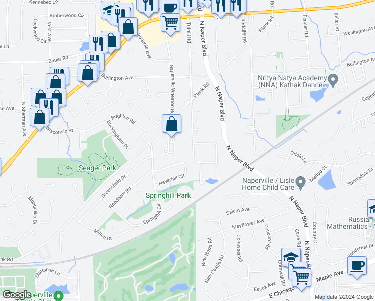 map of restaurants, bars, coffee shops, grocery stores, and more near 1127 Tuthill Road in Naperville