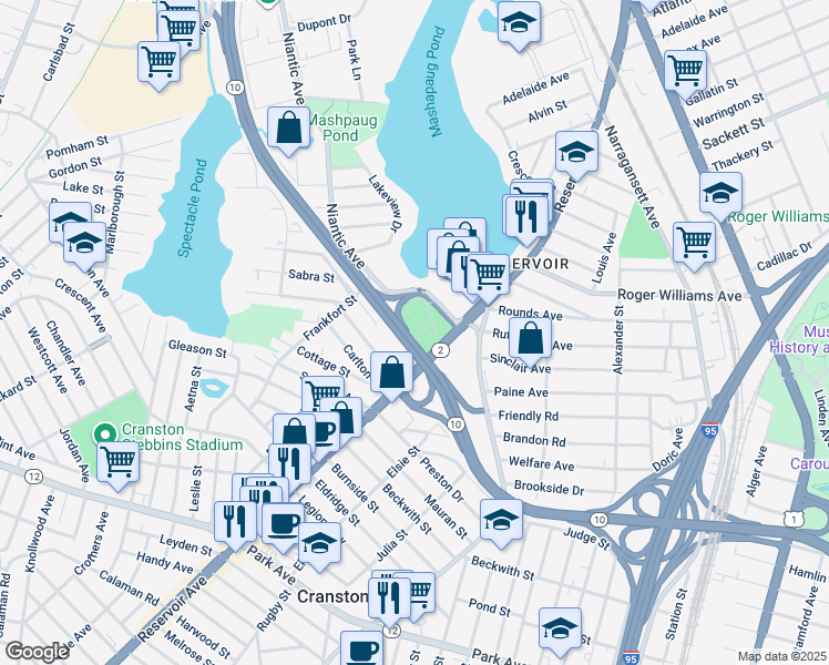 map of restaurants, bars, coffee shops, grocery stores, and more near 411 Reservoir Avenue in Providence