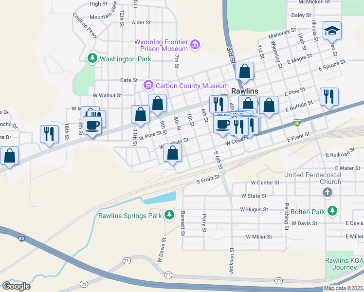map of restaurants, bars, coffee shops, grocery stores, and more near 808 West Buffalo Street in Rawlins