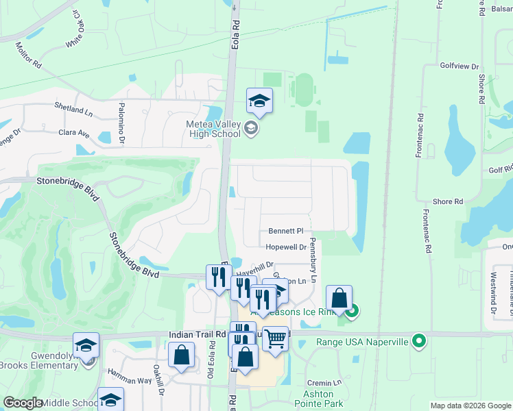 map of restaurants, bars, coffee shops, grocery stores, and more near 1315 Burnett Road in Aurora