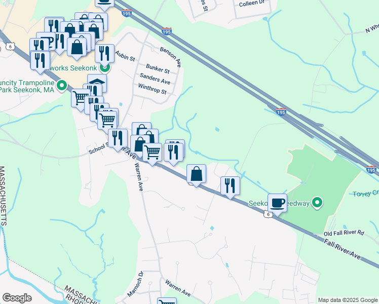map of restaurants, bars, coffee shops, grocery stores, and more near 1530 Fall River Avenue in Seekonk