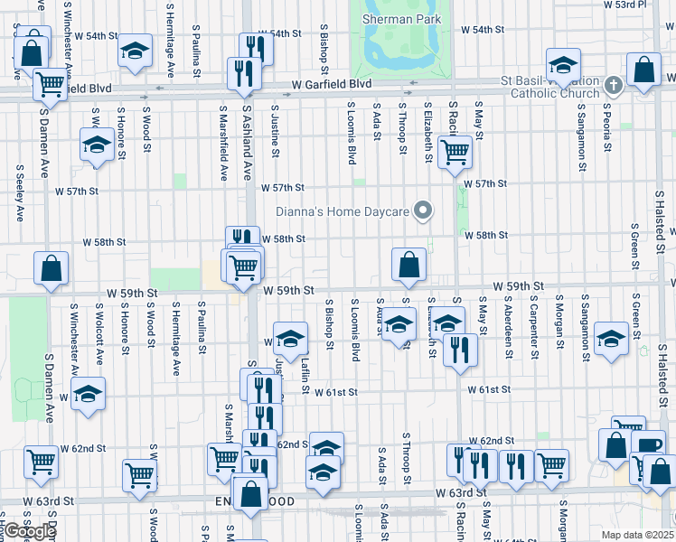 map of restaurants, bars, coffee shops, grocery stores, and more near 5849 South Bishop Street in Chicago