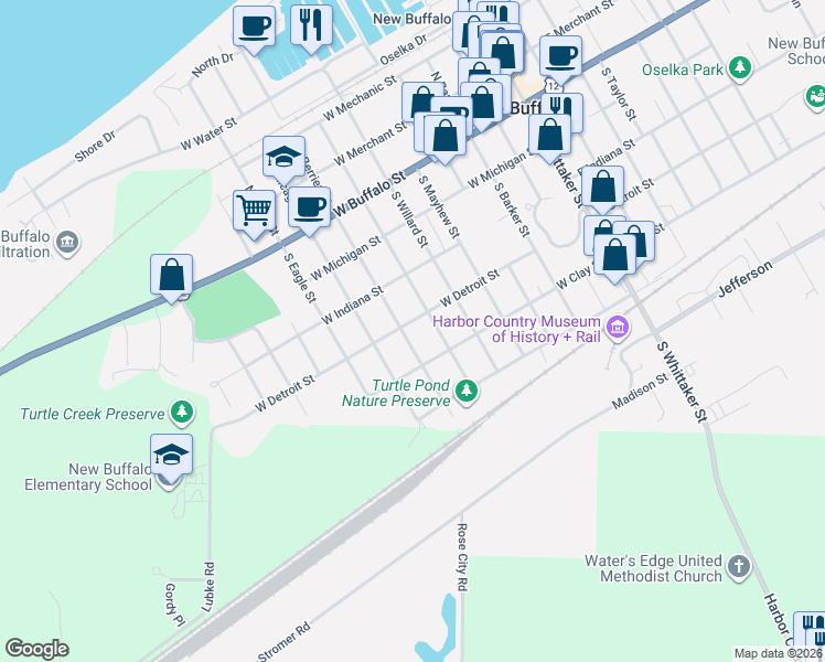 map of restaurants, bars, coffee shops, grocery stores, and more near 301 South Berrien Street in New Buffalo
