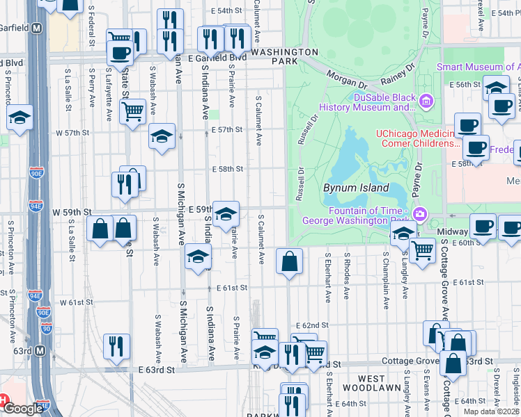 map of restaurants, bars, coffee shops, grocery stores, and more near S Calumet Ave & E 59th St in Chicago