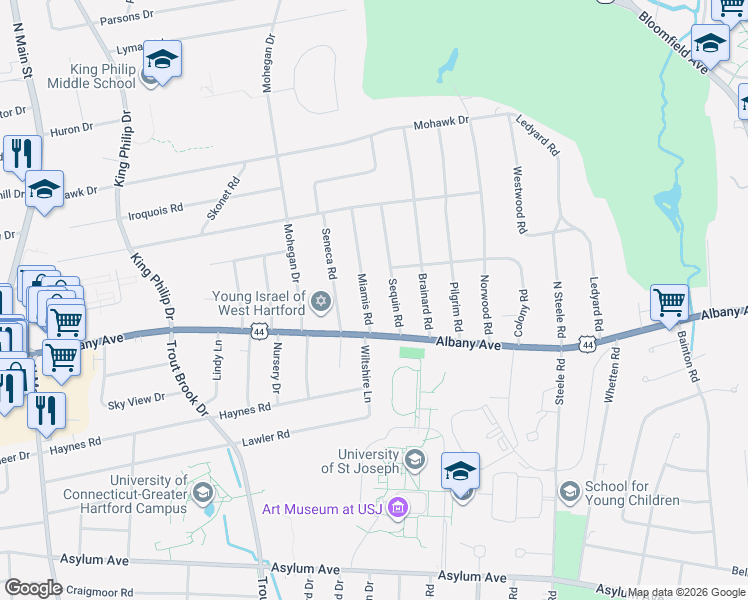 map of restaurants, bars, coffee shops, grocery stores, and more near 10 Miamis Road in West Hartford