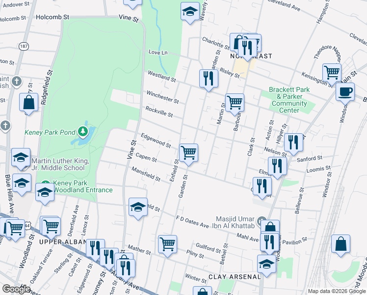 map of restaurants, bars, coffee shops, grocery stores, and more near in Hartford