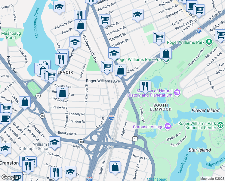 map of restaurants, bars, coffee shops, grocery stores, and more near 53 Burrows Street in Providence