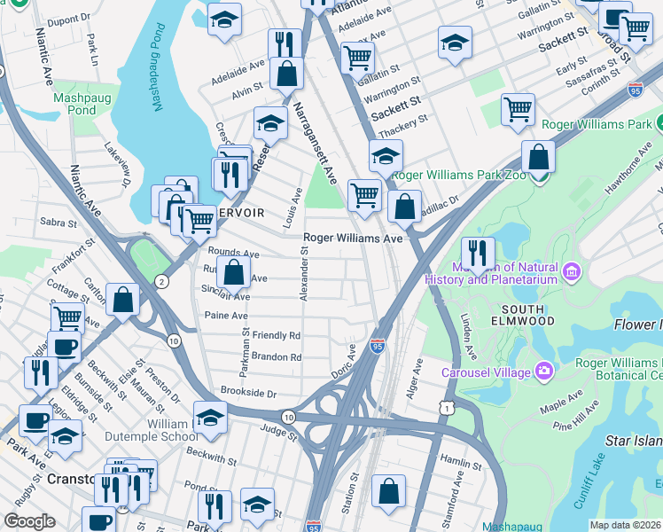 map of restaurants, bars, coffee shops, grocery stores, and more near 59 Rutherglen Avenue in Providence