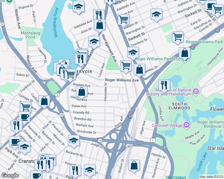 map of restaurants, bars, coffee shops, grocery stores, and more near 59 Rutherglen Avenue in Providence
