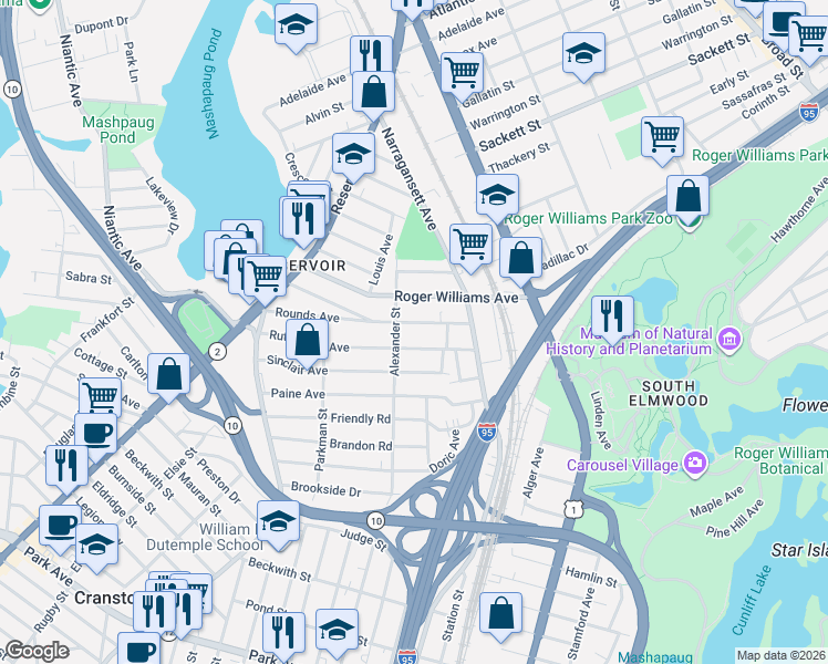 map of restaurants, bars, coffee shops, grocery stores, and more near 59 Rutherglen Avenue in Providence