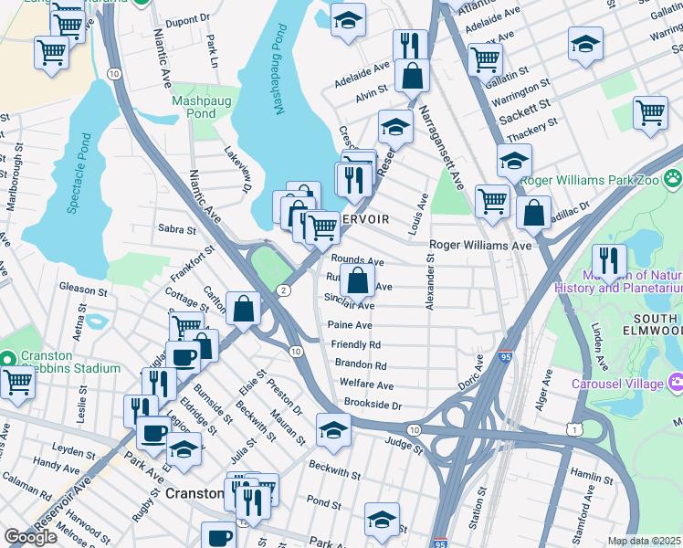 map of restaurants, bars, coffee shops, grocery stores, and more near 172 Rutherglen Avenue in Providence