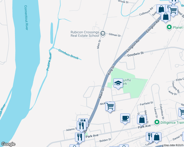 map of restaurants, bars, coffee shops, grocery stores, and more near 25 Fellows Lane in East Hartford