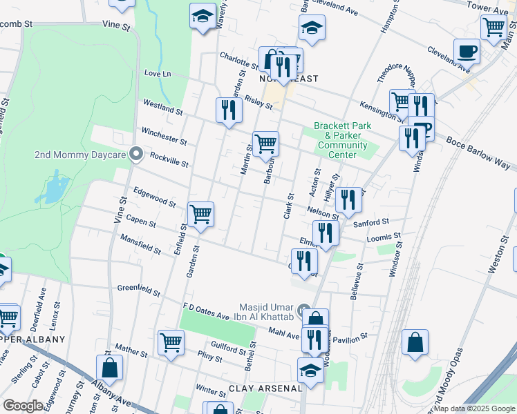map of restaurants, bars, coffee shops, grocery stores, and more near 57 Barbour Street in Hartford