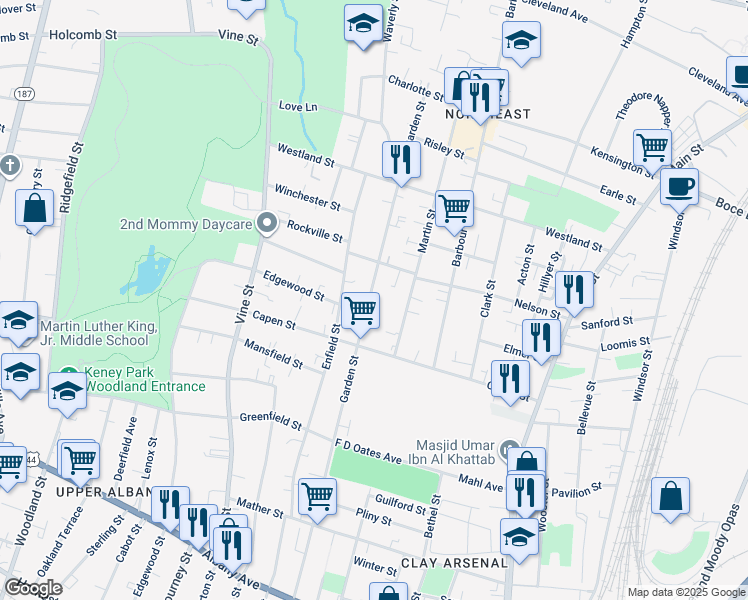 map of restaurants, bars, coffee shops, grocery stores, and more near in Hartford